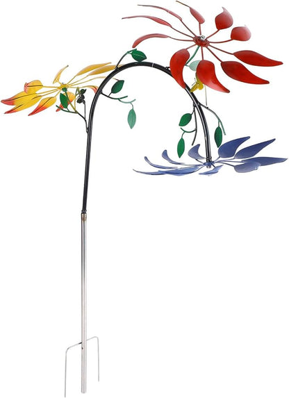 Diydeg Wind Spinner, Iron Three Moving Flowers Bright Colors Colorfast Garden Wind Spinner Rustproof Easy to Assemble Garden Windmill