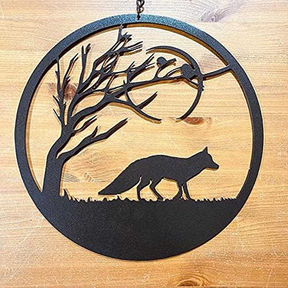 Black Fox Metal Wall Art For Outdoor Animal And Tree Silhouette Round Garden Decor Sculptures Metal Hanging Decoration