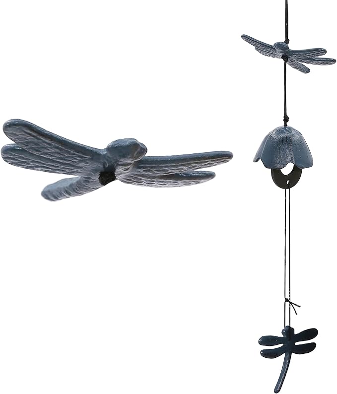 Japanese Wind Chime Cast-Iron Outdoor Ornament for Garden, Patio & Balcony, Hanging Metal Wind-Bell Decoration Gift, Blessing Pendant Windchimes, Blue Dragonflies
