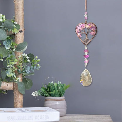 Suncatcher Window Hanging Tree of Life Heart Shaped Crystal Ball Prism Drop Ornament with Purple Rainbow Maker Pendant for Garden Home Decor Indoor Outdoor Windows 7in