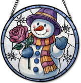 Stained Glass Window Hanging - Smiling Snowman with Rose,9.8in Sun Catchers Panel for Indoor Decorative Display for Mom， Wife， Lovers， Festive