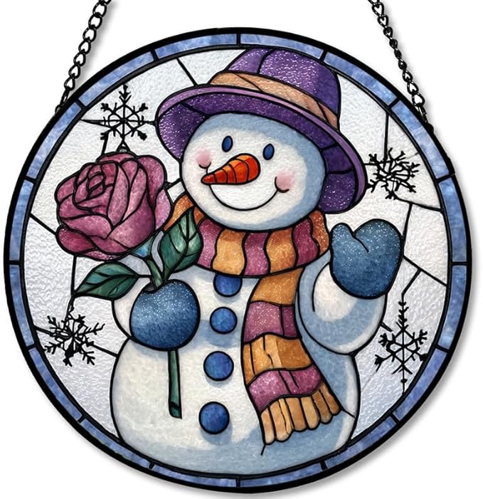 Stained Glass Window Hanging - Smiling Snowman with Rose,6.3in Sun Catchers Panel for Indoor Decorative Display for Mom， Wife， Lovers， Festive