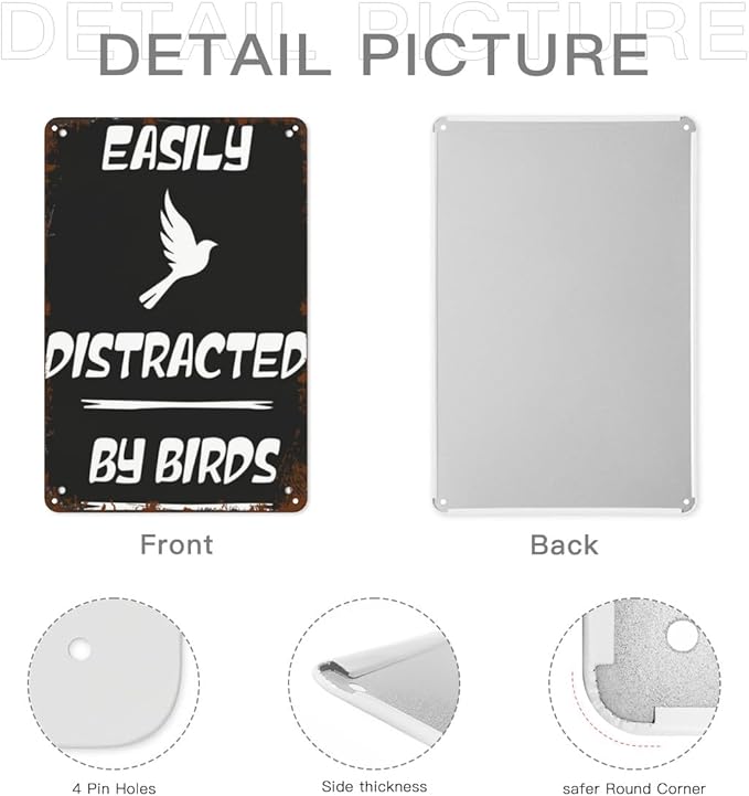 patio wall decor New Vintage Metal Tin Sign Easily Distracted by Birds Man Cave Bathroom Farm Fence Kitchen Christmas Halloween Girlfriend Boyfriend Plaque with Funny Life Quotes Home,8X12inch