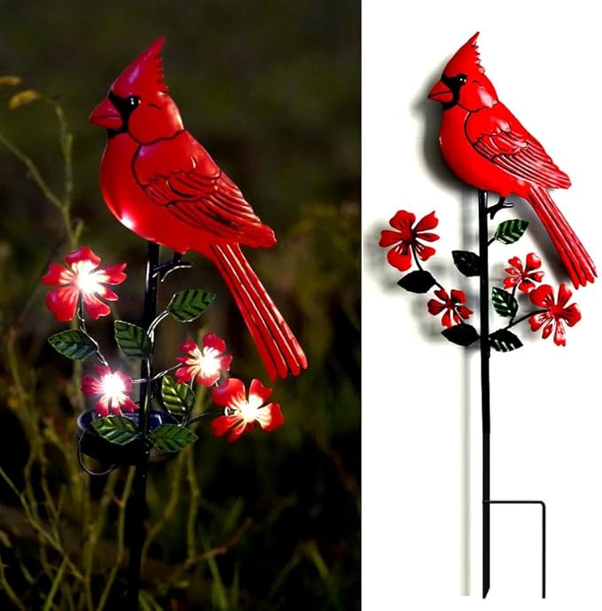 Cardinal Decor Garden Stake,Solar Metal Red Cardinal, Cardinal Bird Figurine Lights with Powered LED Garden Outdoor Decor for Balcony, Yard, Lawn, Pathway, Walkway