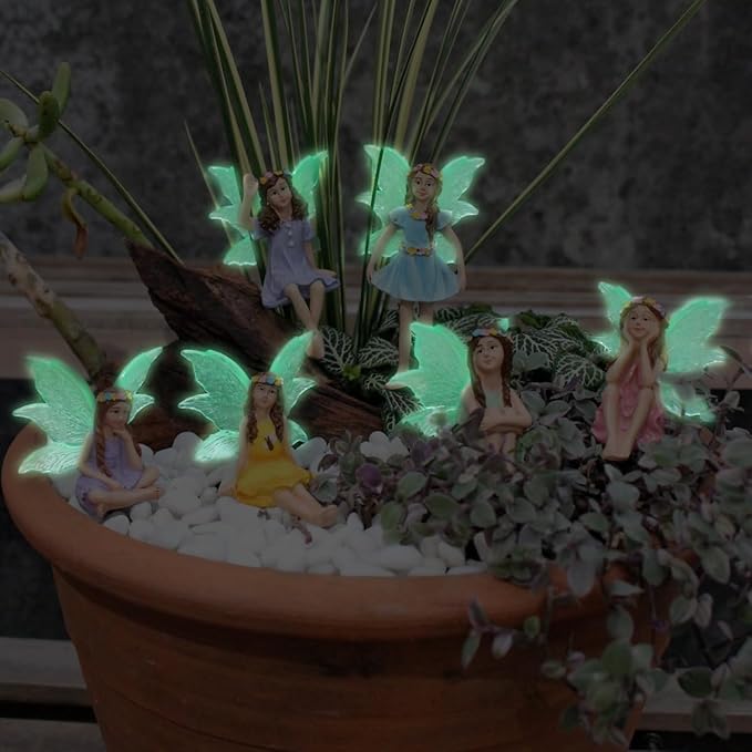 Fairy Garden Decor Fairy Door and Windows for Trees, Glow in The Dark Yard Sculpture Lawn Ornament Mini Garden Art Outdoor Decor Accessories with Lantern (6 Fairies)