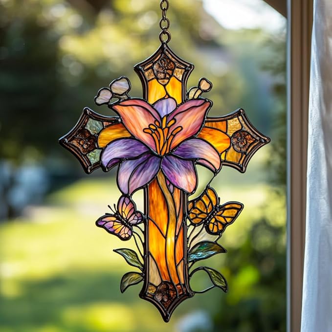 Magnolia Cross Acrylic Suncatcher Stained Glass Effect Window Car Hanging Christmas Ornament Indoor Outdoor Decor Garden Memorial Sun Catcher for Family Christmas Jesus Gift for Women Mom Grandma