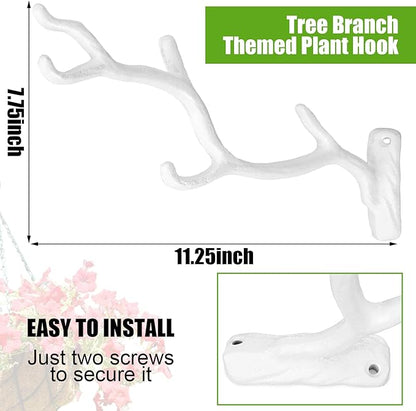 Blulu 2 Pcs 11'' Cast Iron Tree Branch Plant Hangers Decorative Metal Wall Bracket Hooks Wall Heavy Duty Home Storage Rack for Hanging Plants Pots Baskets Lanterns Wind Chimes Outdoor Indoor (White)