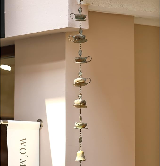 Jemeni 60" Teapot Wind Chime & Rain Chain with Bell - Patina Copper Outdoor Decor for Gutters, Patio, Garden