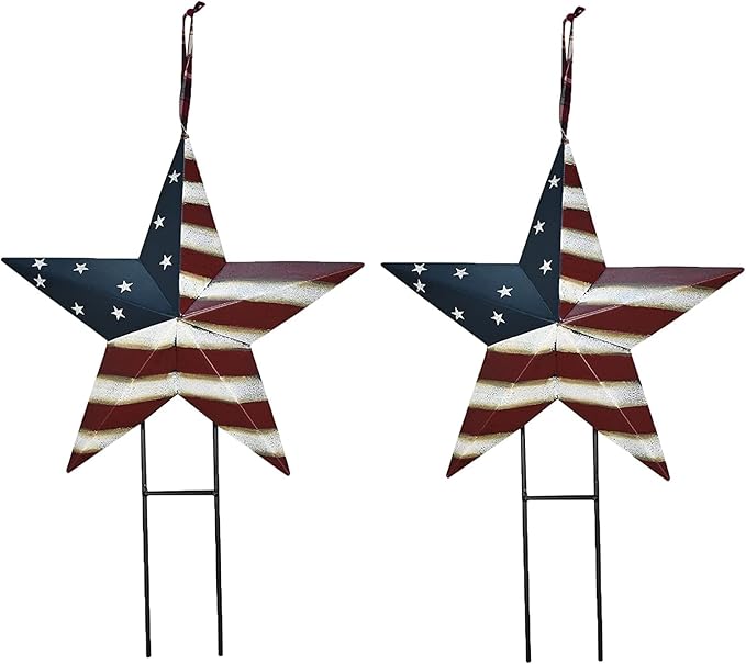 Linfevisi American Flag Star Yard Signs 17.3 Inch 2 Pack of Metal Patriotic Barn Stars Garden Stakes US Flag Outdoor 4th of July Decorations Memorial Day Yard Art Lawn Ornaments Patio for Outside