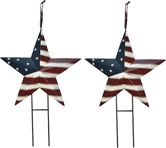 Linfevisi American Flag Star Yard Signs 17.3 Inch 2 Pack of Metal Patriotic Barn Stars Garden Stakes US Flag Outdoor 4th of July Decorations Memorial Day Yard Art Lawn Ornaments Patio for Outside