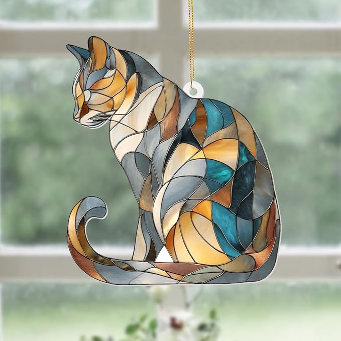Stained Glass Cat Ornament – 2025 Christmas Tree Decoration, Handmade Animal Suncatcher for Window, for Cat Lovers & Unique Home Décor (Sun-03)