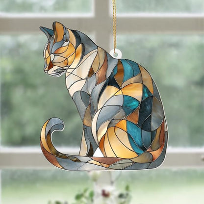 Stained Glass Cat Ornament – 2025 Christmas Tree Decoration, Handmade Animal Suncatcher for Window, for Cat Lovers & Unique Home Décor (Sun-03)