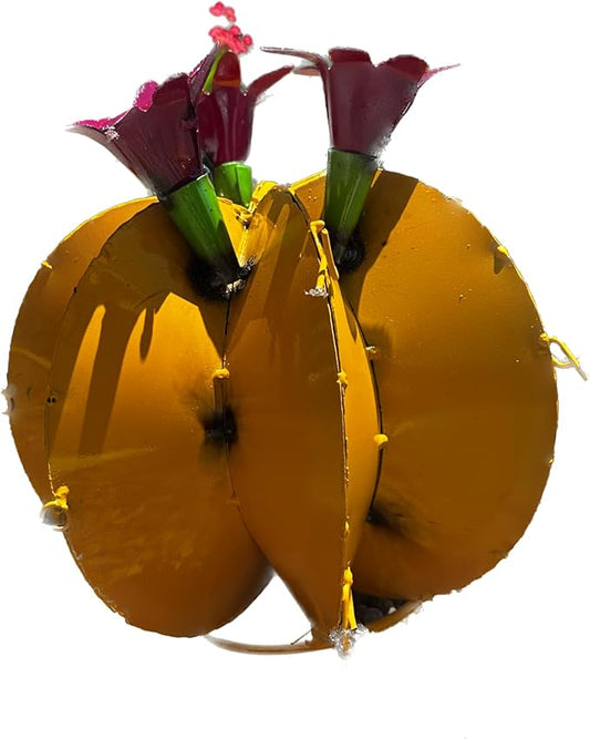 Handmade Metal Bisnaga Cactus with Flowers - Garden Art Decor (Yellow)