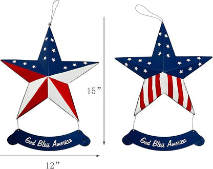 Rustic Metal 3D Barn Americana Stars Patriotic Wall Decoration American Flag Wall Star July 4th Country Americana USA Star with God Bless America Sign