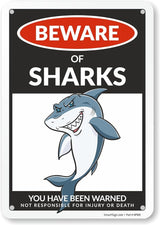 SmartSign Funny Beware Of Sharks Warning Sign - 10"x7", 40 mil Laminated Rust-free Aluminum - Metal Signs for Boys Room Wall Decor, Outdoors, Patio, Gifts, Cafe - Sharks Theme, Made in USA