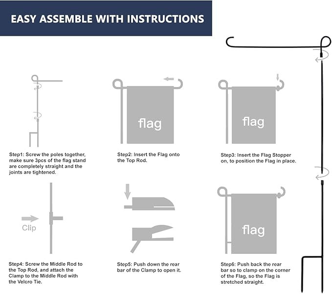 Garden Flag Stand, Thickened Pole Sturdy Straight Premium Metal Yard Flag Holder Weather-Proof Flagpole with Clip and Stopper for Seasonal Christmas Garden Flag, Outdoor Decor Decoration