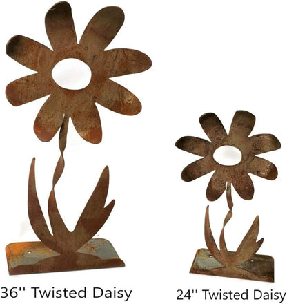Metal Rustic and Colorful Flower Stakes Ranging from 9.5 to 36 Inches Tall (Twisted Daisy on Flat Base 36" Tall, Naturally Rusted)
