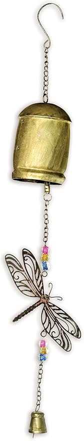 Sunset Vista Designs Windchimes - Handcrafted Glass Bead & Bells Dragonfly Bell Chime, 23" Long, Antique Gold & Copper
