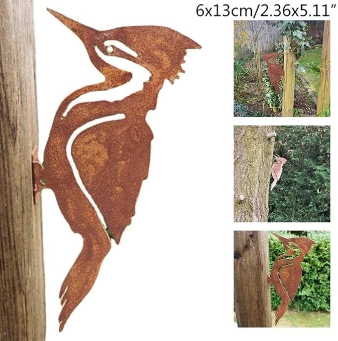 Rusty Metal Bird Silhouettes Garden Fence Decor Woodpecker Gardening Country Metal Bird Robin Yard Art Decoration Steel Garden Sculptures and Statues