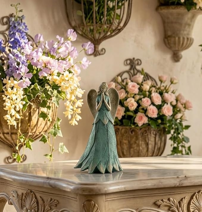 Napco Praying Angel Faith Plant Leaf 11 x 6 x 6.5 inches Blue and Bronze Resin Stone Collectible Figurine Statue Sculpture, Indoor Outdoor Garden Décor