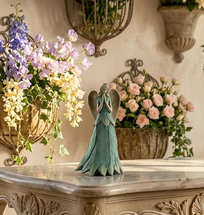 Napco Praying Angel Faith Plant Leaf 11 x 6 x 6.5 inches Blue and Bronze Resin Stone Collectible Figurine Statue Sculpture, Indoor Outdoor Garden Décor