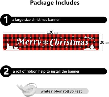 Probsin Large Merry Christmas Banner 120" x 20" Double Printed Xmas Decoration Red Buffalo Plaid Hanging Huge Sign Holiday Party Supplies Home Decor for Outdoor,Indoor,Yard,Garden,Porch,Lawn