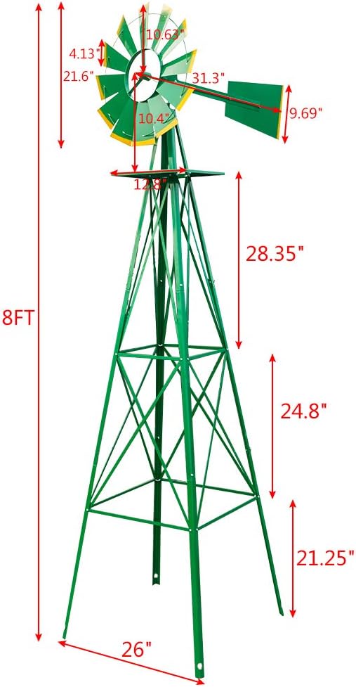 Metal Windmill for Garden Yard Decor, 8ft Tall Windmill Pinwheels Outdoor with Spinning Blades, Weather Vanes Lawn Ornaments, Weather-Resistant, Green