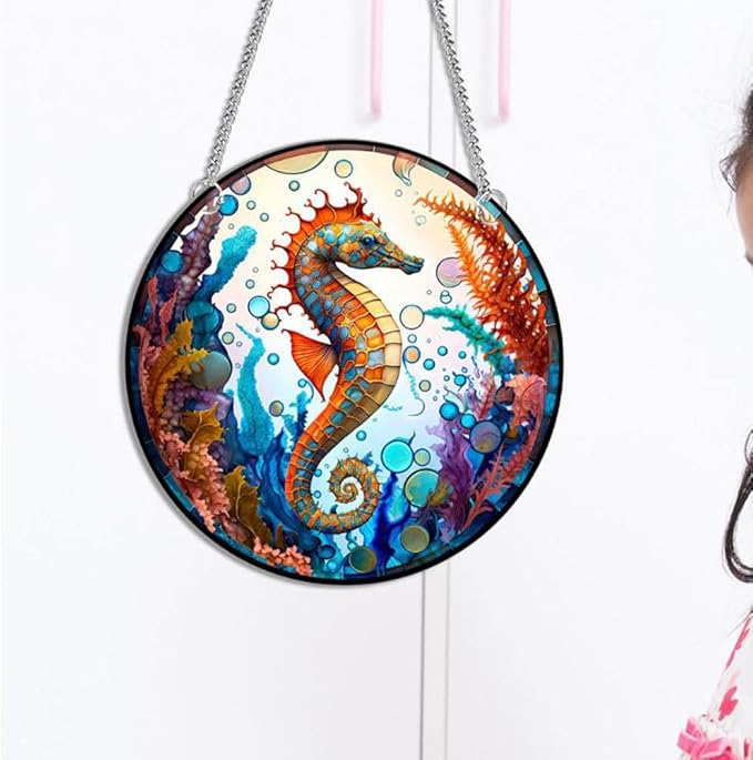 7.9'' Acrylic Window Hanging Decor,Stained Panel Hangings Decorative Acrylic Wall Decor Colorful Ornament Window Hangings for Outdoor Indoor Decor(Sea Horse)