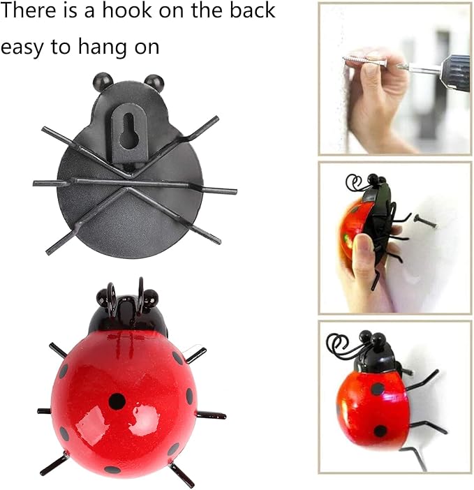 Cruis Cuka Metal Garden Decor for Outside Cute Ladybugs Yard Art Lawn Ornaments Wall Sculptures & Statues Outdoor Fence Decorations for Patio - Set of 8