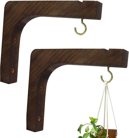 2 Pack Wooden Wall Hooks, 6 Inch Plant Hanger Wall Mounted Hanging Hooks Outdoor Hanging Shelves for Lanterns, Bracket, Wind Chimes, Patio Garden Decoration, Walnut Color