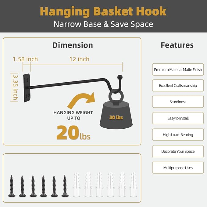 Hanging Plant Bracket (2 Pack-12 inches), Heavy Duty Metal Plant Hangers Outdoor or Indoor- Wall Plant Hooks for Hanging Planter,Bird Feeders, Wind Chimes, Flower Pot,Basket,Lanterns-Matte Black