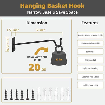 Hanging Plant Bracket (2 Pack-12 inches), Heavy Duty Metal Plant Hangers Outdoor or Indoor- Wall Plant Hooks for Hanging Planter,Bird Feeders, Wind Chimes, Flower Pot,Basket,Lanterns-Matte Black