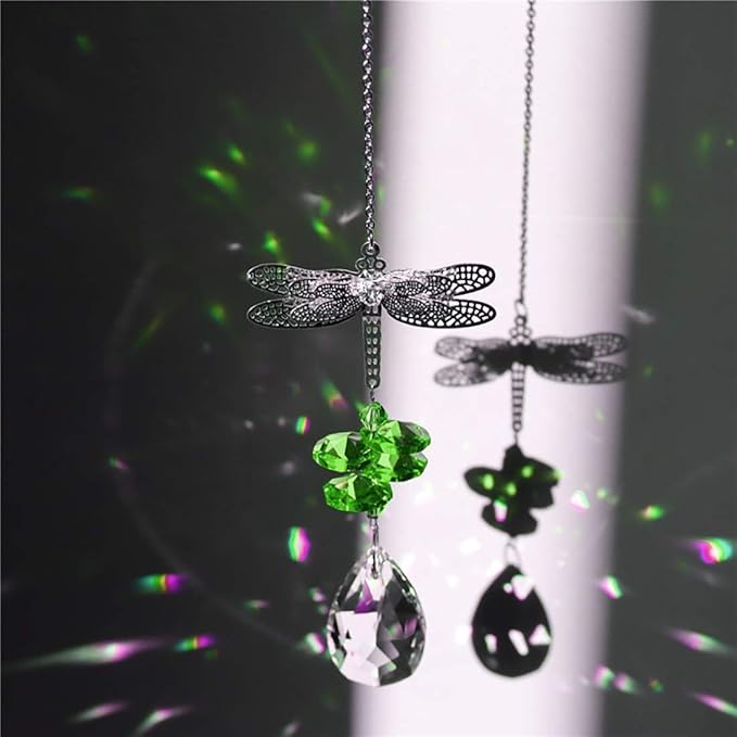 WEISIPU Crystal Suncatcher Prism - Dragonfly Suncatchers for Windows Hanging Rainbow Maker, Christmas Tree Decor, K9 Crystal Metal Ornament, Gifts (Green)