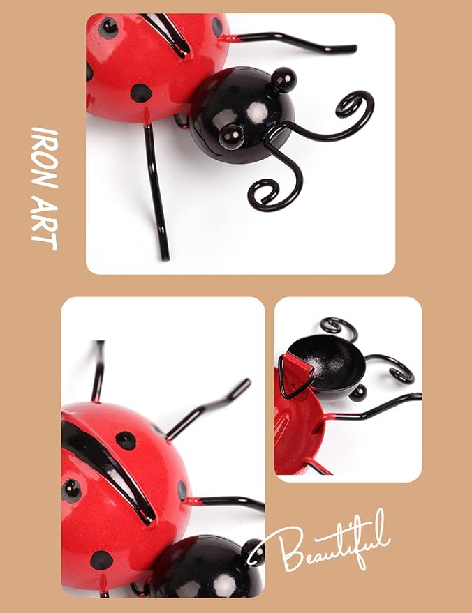 MACLARONX Metal Ladybugs Garden Fence Yard Art Decor 3D Bulk Cute Ladybirds Wall Sculpture Rustic Outdoor Patio Figurines Backyard Ornaments for Home Decorations (Set of 5)