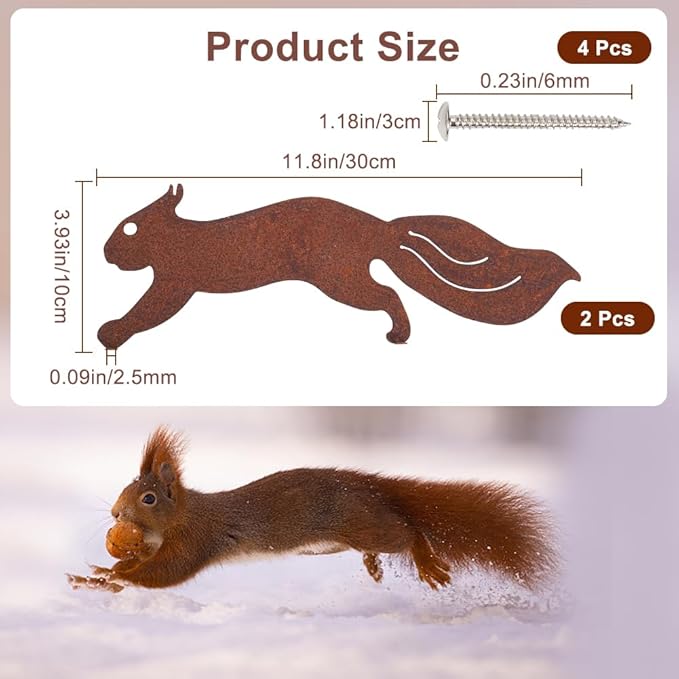 CREATCABIN 2Pcs Metal Squirrel Outdoor Decor Garden Silhouettes with Screws Rusty Running Squirrel Animal Iron Exquisite Art Sculpture Ornament for Outdoor Garden Tree Yard Home Decor 11.8 x 3.93 Inch