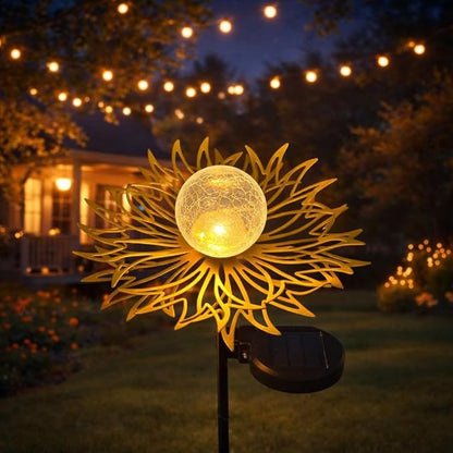 Solar Garden Lights Outdoor Decor, Metal Flower Stake Light with Warm White Crackle Glass Globe, Waterproof Decorative Solar Yard Art for Patio Lawn Backyard Pathway, Gardening Gift, Gold