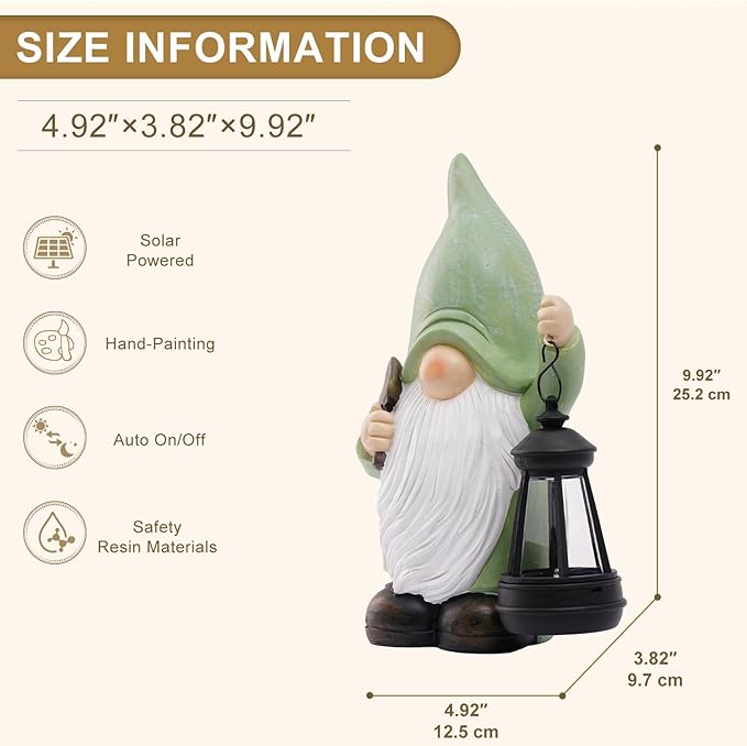 Gnome Statue with Solar Lantern - 4.92L x 9.92H Garden Figurines for Home and Garden Decor, Gnome Decorations Gift Ideas, Gifts for Women Mom