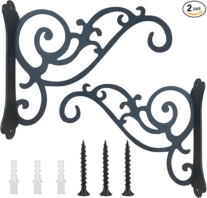 2 Pcs 6 Inch Hanging Hooks, Outdoor Hanging Plant Holder, Wall Hook, Black Wrought Iron Hook, Indoor/Outdoor Flower Pot Hanger Bracket for Flower Pots, Bird Feeders, Lanterns