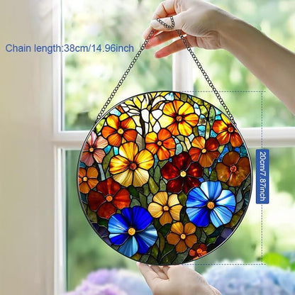 Stained Glass Window Hanging, Spring Colorful Flowers Suncatcher for Window Doors Garden Home Decoration, Floral Plant Glass Ornaments for Women,Men,Wife, Lovers, and Mom 7.8×7.8 in