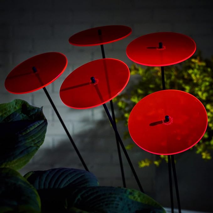 Sun Discs Set of 5 Sun Catcher Garden Decor Large Glowing Ornamental Garden Stakes 75cm, 29.5 inch high Outdoor Yard Gift for Gardeners, Colour:Fluorescent Red
