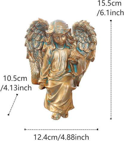 Angel Garden Statue, Sitting Angel Sculpture, Resin Angel with Bird Figurine for Patio Yard Porch Lawn Outdoor Decor Home Shelf Sitter Memorial Spiritual Gifts (Bronze)