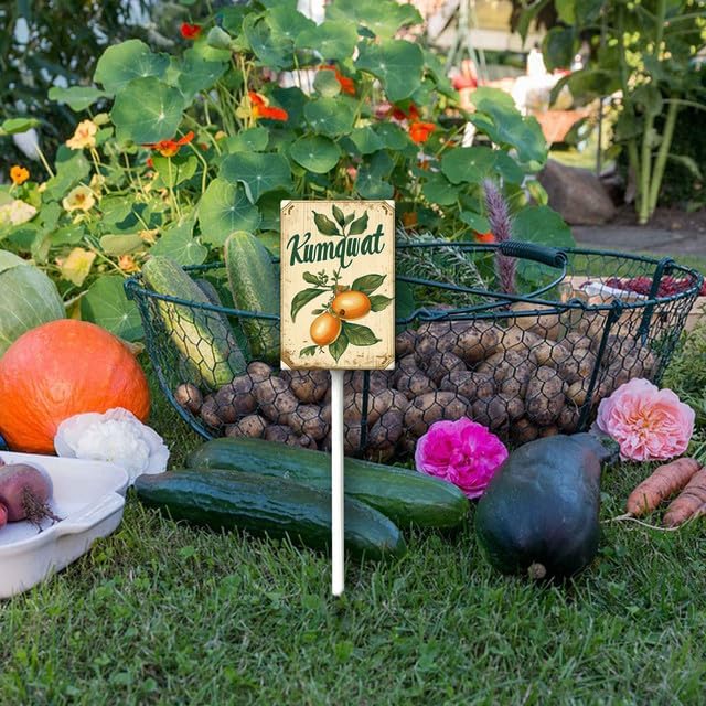Uptell Vintage Aluminum Kumquat Fruit Signs Yard Sign with Stake for Garden Fruit Garden Label Stakes Plant Markers for Outdoor Plants Waterproof 8x12 inch