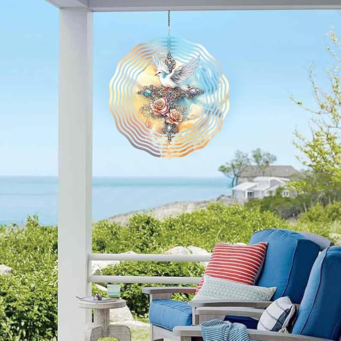 Cross Dove Wind Spinner, Metal Wind Spinners Outdoor/Indoor, Cross Hanging Garden Decor for Outside, Stainless Wind Spinners for Yard and Garden 10 inch 3D (25.76X25 CM)