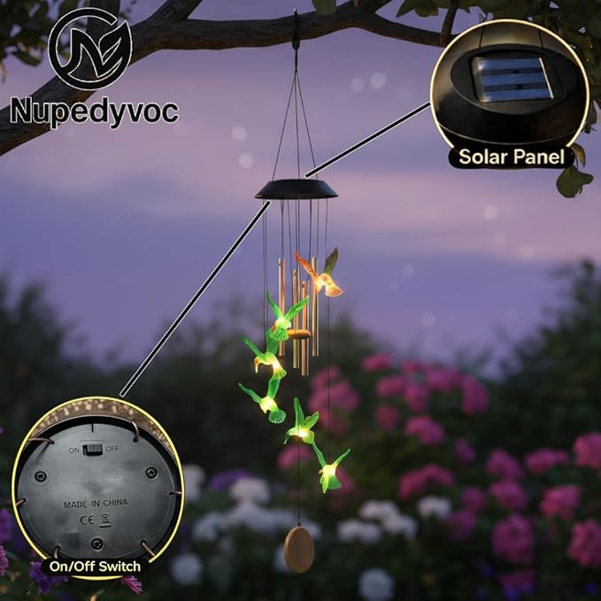 38” Hummingbird Aluminum Tube Solar Light LED Wind Chime for Outside, Weather Resistant Decoration Outdoor Garden Patio Soft Tone Decor, Gift for Birthday, Mother's Day, Atmosphere Creator