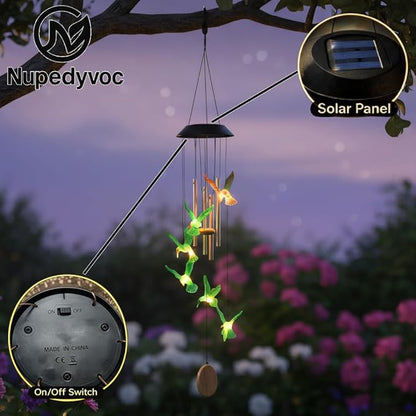 38” Hummingbird Aluminum Tube Solar Light LED Wind Chime for Outside, Weather Resistant Decoration Outdoor Garden Patio Soft Tone Decor, Gift for Birthday, Mother's Day, Atmosphere Creator