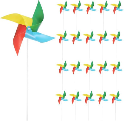 HARFINGTON 50pcs Windmills for The Yard Garden 15" x 7.5" 4 Leaves Pinwheels Wind Mills Spinners Windproof Waterproof Bird Devices with Stakes for Patio Decor, Iridescent