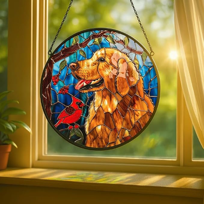 Stained Glass Window Hanging - Golden Retriever & Cardinal Bird 7.8in Sun Catchers Indoor Stained Glass Panels Wall Decor for Mom, Wife, Lovers, Festive
