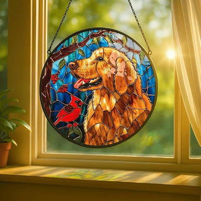 Stained Glass Window Hanging - Golden Retriever & Cardinal Bird 7.8in Sun Catchers Indoor Stained Glass Panels Wall Decor for Mom, Wife, Lovers, Festive