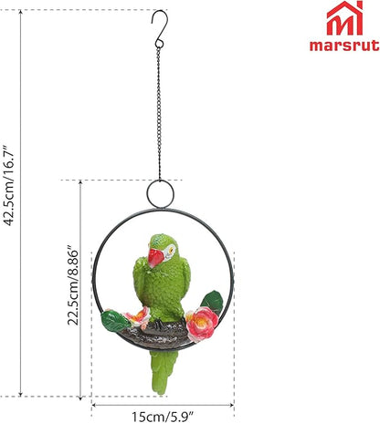 1PC Hanging Parrots for Patio Decor Outdoor, Perching On Branch Bird Figurine Statue, Metal Tropical Animal Model Sculpture with Round Ring for Nature Lovers DIY Lawn Natural Garden Tree Patio Home
