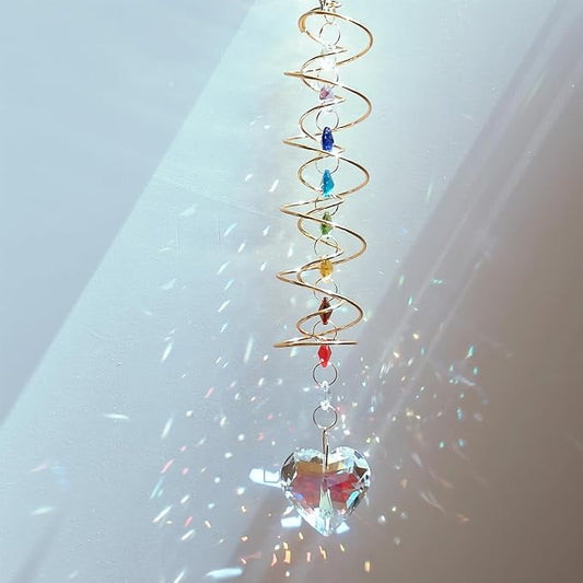 Big Heart Crystal Sun Catchers for Windows Hanging, Double-Spiral Design Gazing Ball Spiral Tail, Rainbow Maker Prism, Sun Catchers Indoor Window for Kitchen, Patio, Porch, Garden(AB-Golden)